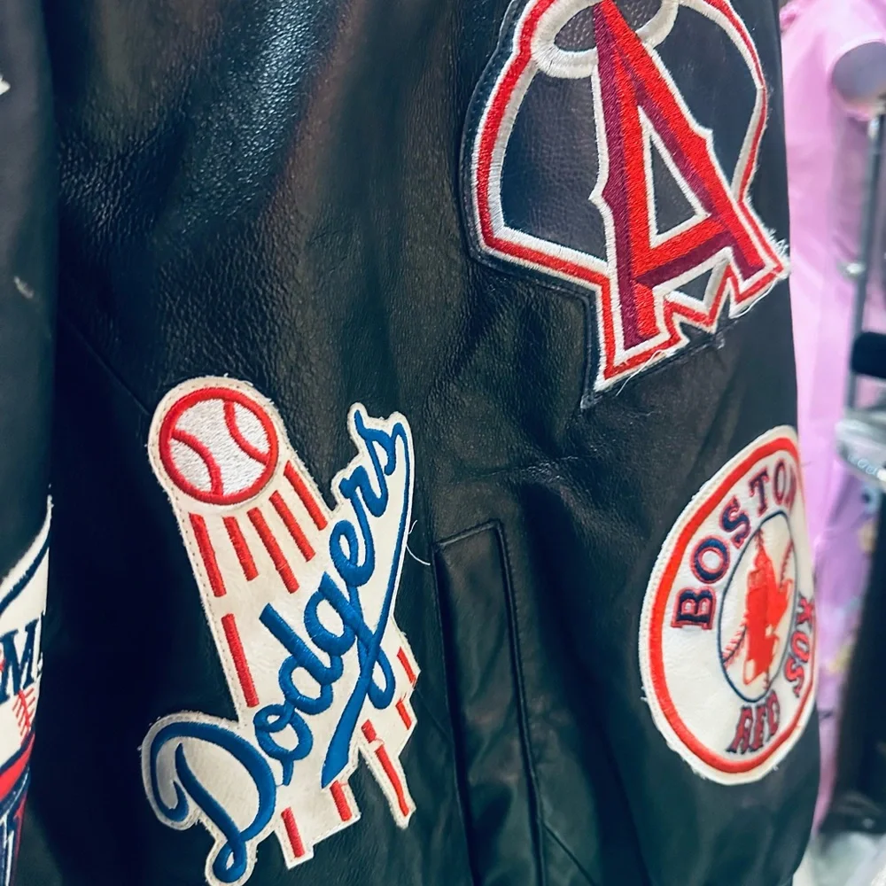 JH Design Vintage MLB Baseball Team All Over Patch Black Leather Jacket